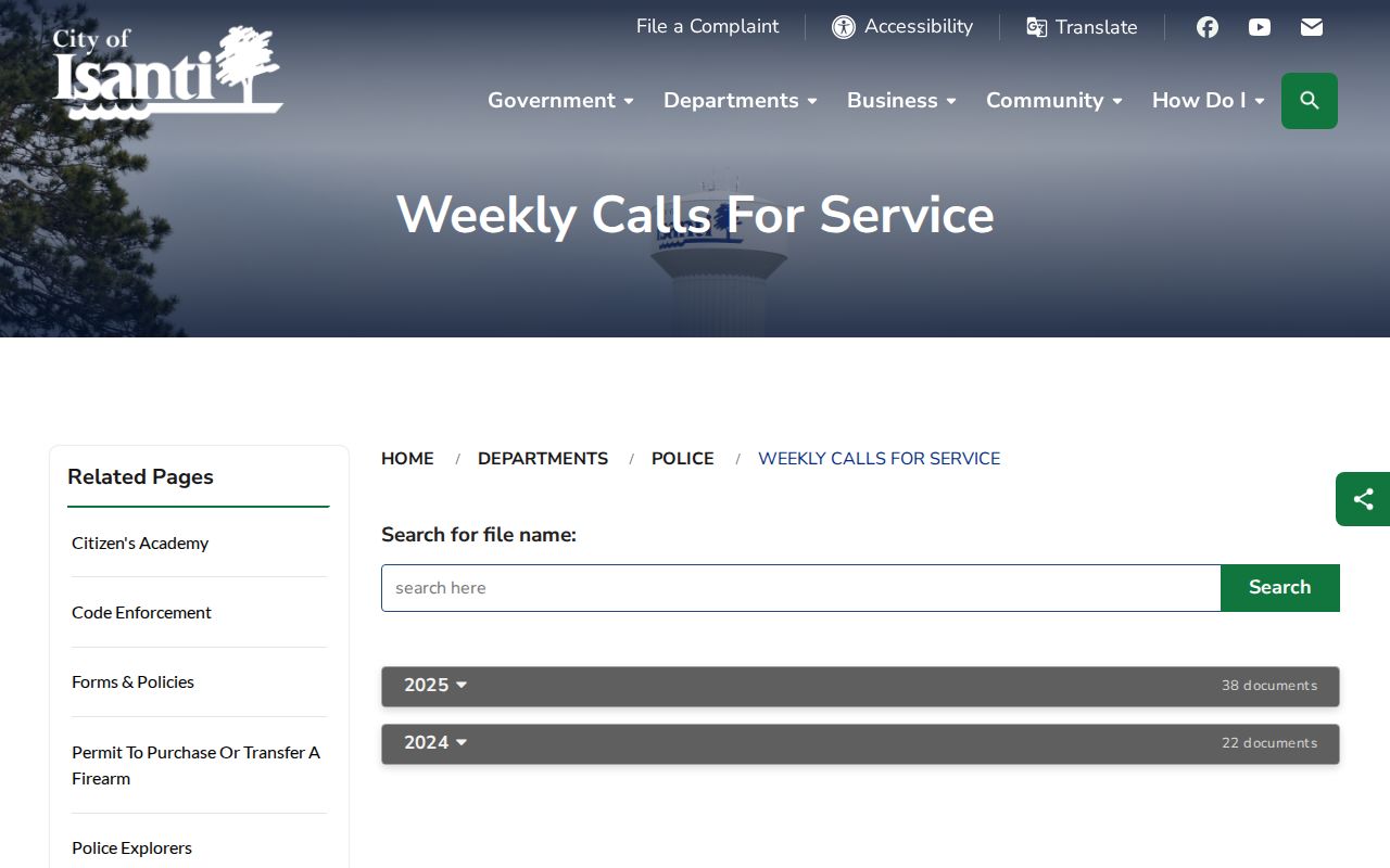 Isanti County weekly calls-for-service record page